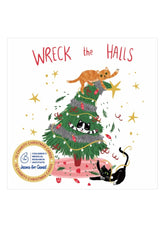 Illustration of cats on a Christmas tree with 'Wreck the Halls' text and a charity logo.
