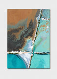 Abstract art print with a split composition of brown and blue tones on a white background