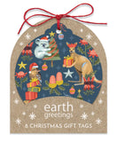 A Christmas-themed gift tag set with a kraft paper design, featuring an illustrated scene of a koala, kangaroo, and possum with gifts on a dark blue background, with the text 'earth greetings 8 CHRISTMAS GIFT TAGS' and a red string bow at the top.