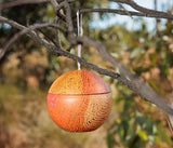 A round Christmas ball hanging from a branch outside in the Australian bush