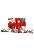 Roll of floral-patterned paper with a red ribbon on a white background