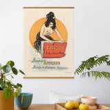 Vintage-style poster of a woman with text on a wall above a table with fruits and a plant.
