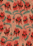 Pattern of red flowers with black centers on a coral background