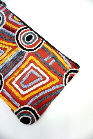 Colorful geometric patterned pouch on a white background
