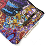 Colorful textured pouch with a brand tag on a white background