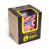 Colorful tea light candle glass in packaging with 'Better World Arts' branding on a white background