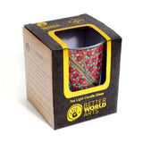 Decorative tea light candle glass in packaging with 'Better World Arts' branding.
