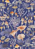 A repeating botanical pattern featuring illustrated mushrooms, chanterelle-like mushrooms, coral-like fungi, and muted leaves on a deep blue background.