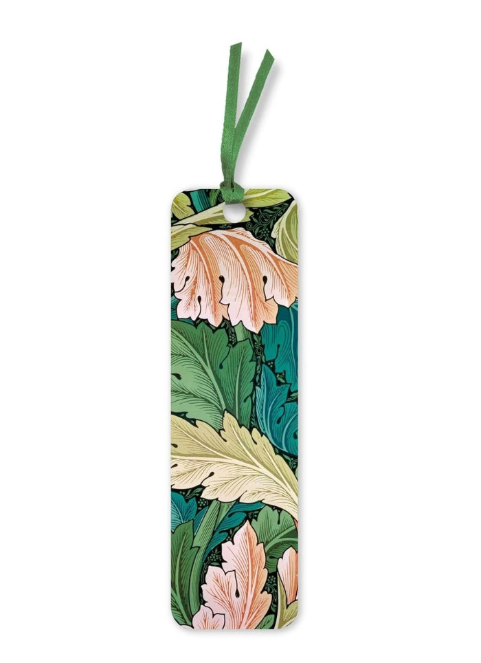 a bookmark with a green and pink leafy pattern on a white background