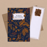 Booklet titled 'Ten Poems about Chocolate' with chocolate-themed cover and bookmark on a beige background