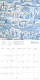 Calendar with blue and white toile design for March