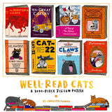 Cover of a jigsaw puzzle with famous book covers replaced by cats.