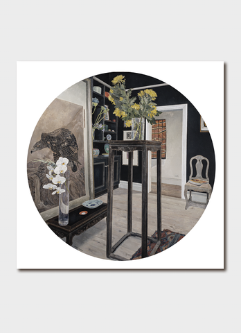 Cressida Campbell art card - Black Room with Yellow Chrysanthemums