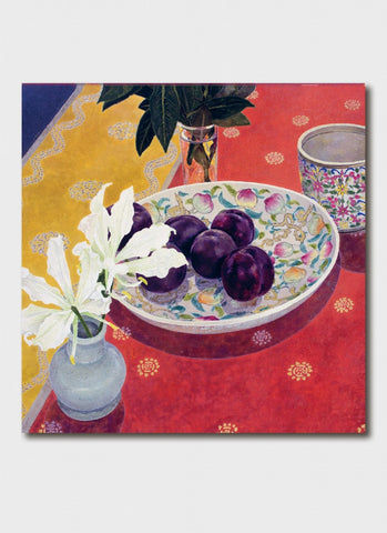 Cressida Campbell art card - Plums With Indian Cloth