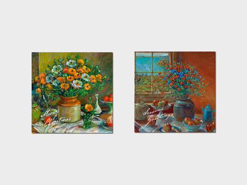 Two paintings of still lifes with flowers and fruit on a white background
