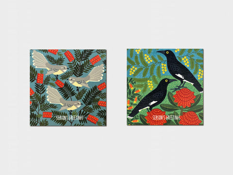 Two greeting cards with bird designs on a white background