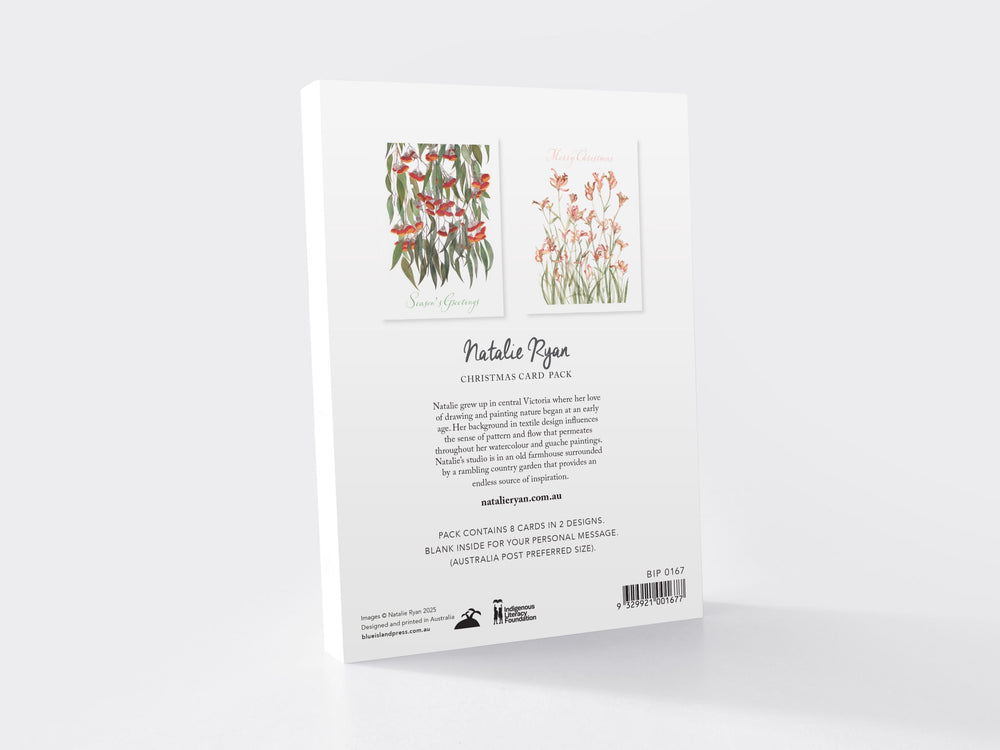 Back cover of a book with floral illustrations and text on a white background