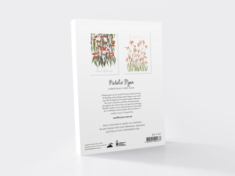 Back cover of a book with floral illustrations and text on a white background