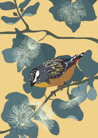 Illustration of a bird perched on a branch with flowers on a yellow background