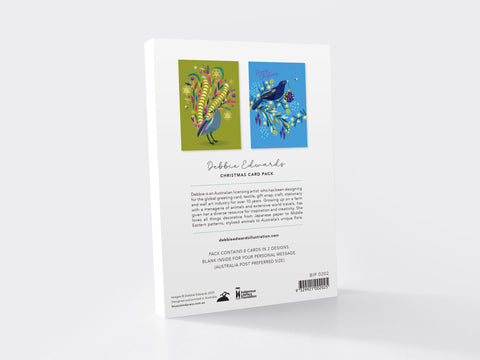 Back cover of a card pack with illustrations of birds and text on a white background