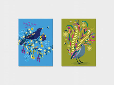 Two colorful greeting cards with birds and floral designs on a white background