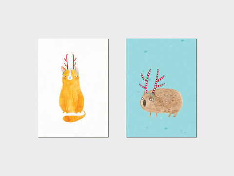 Two illustrations of animals with antlers on a white background
