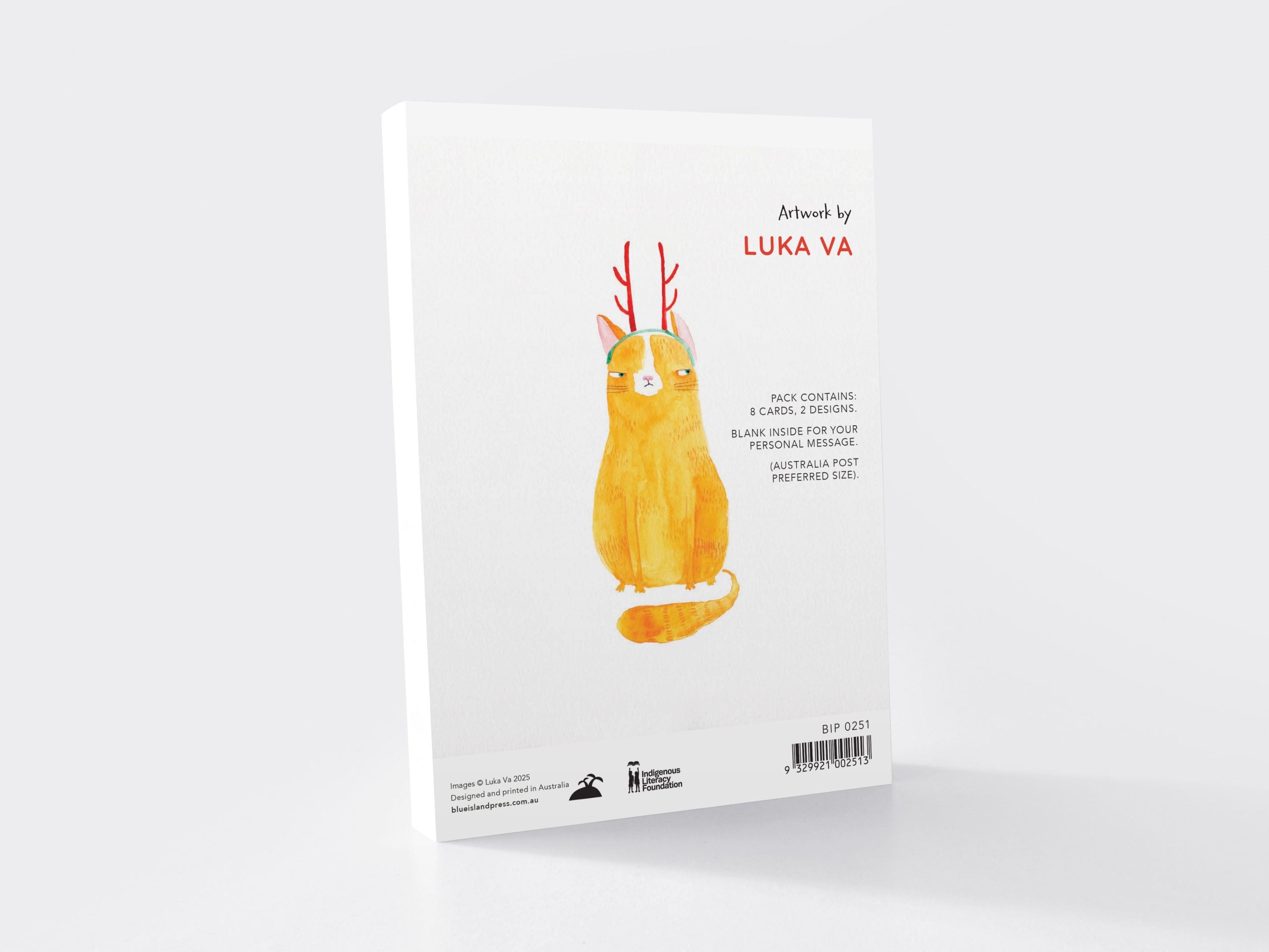 Cards with a cat illustration and 'Luka Va' branding on a white background