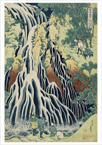 Traditional Japanese woodblock print of a snowy landscape with people and a waterfall.