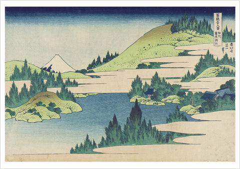 Print of mountains and a lake in greens and blues.