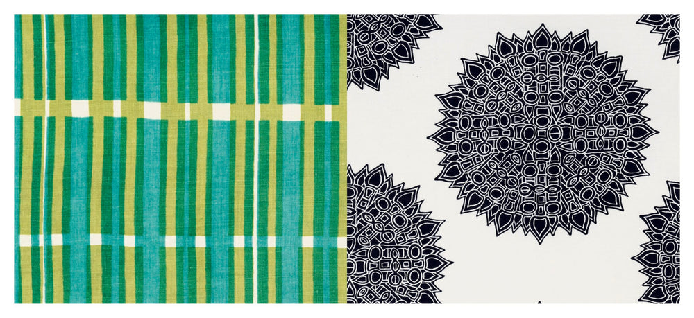 Textile with green and yellow checkered pattern and black mandala design on a white background