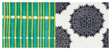 Textile with green and yellow checkered pattern and black mandala design on a white background
