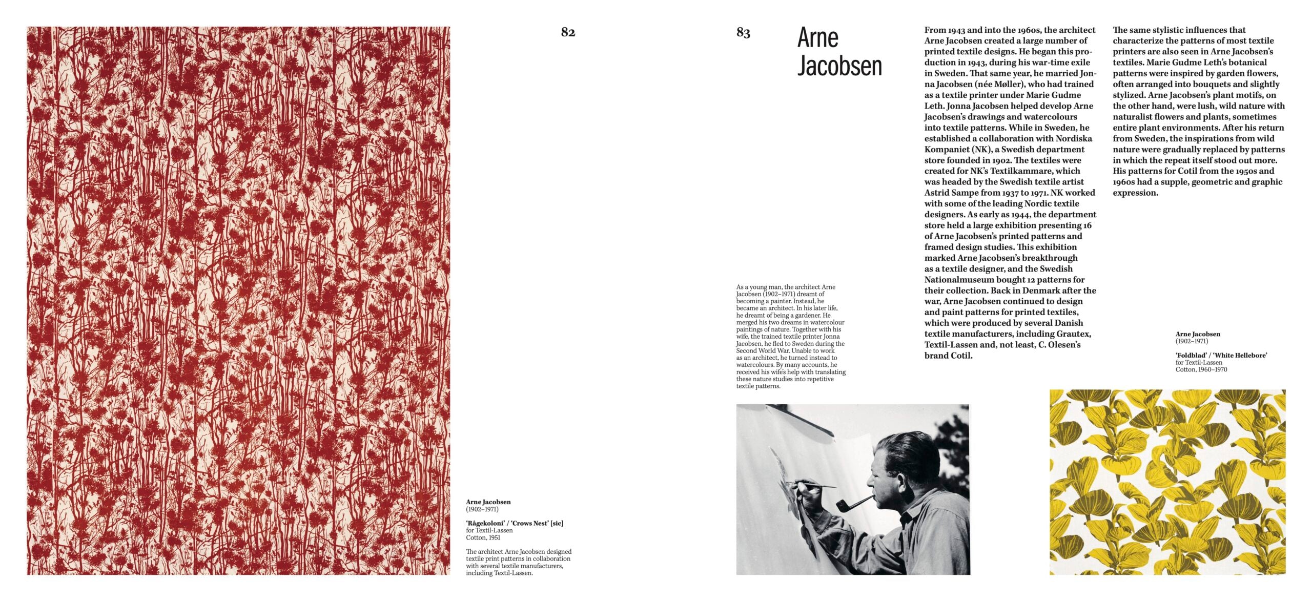 Textile pattern with red and white design on the left, text on the right, and a small image of a person on the bottom right.