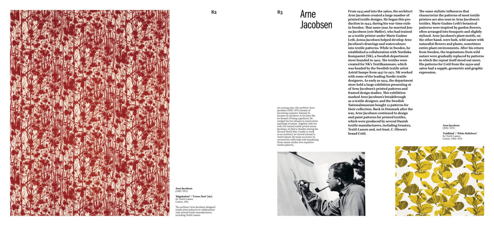 Textile pattern with red and white design on the left, text on the right, and a small image of a person on the bottom right.