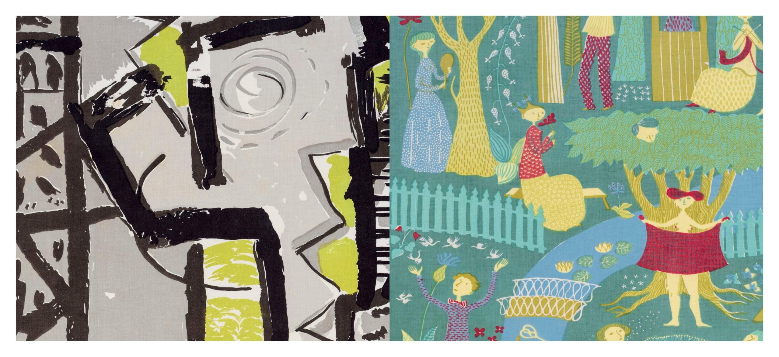 Two abstract art pieces side by side, one with geometric shapes and the other with people and nature.