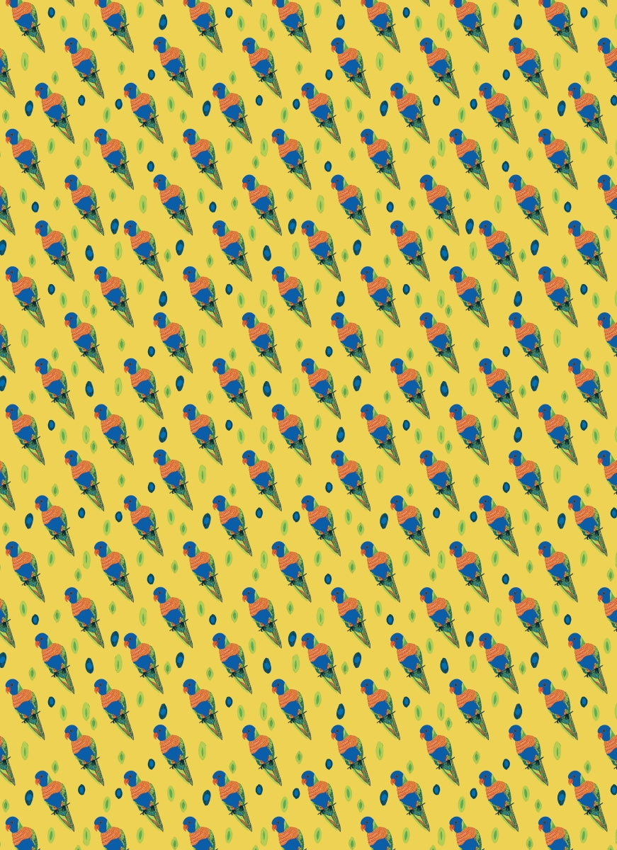 Pattern of ice cream cones with colorful toppings on a yellow background