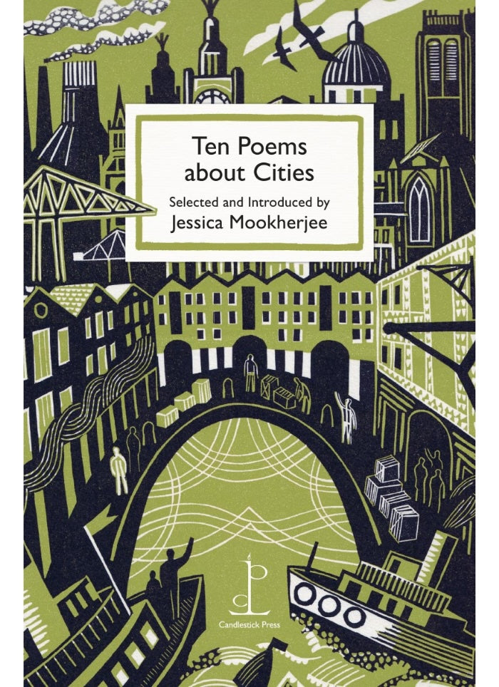 Book cover of 'Ten Poems about Cities' with cityscape illustration and text.