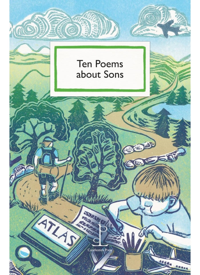 Book cover of 'Ten Poems about Sons' with illustrations of a boy and a man outdoors.