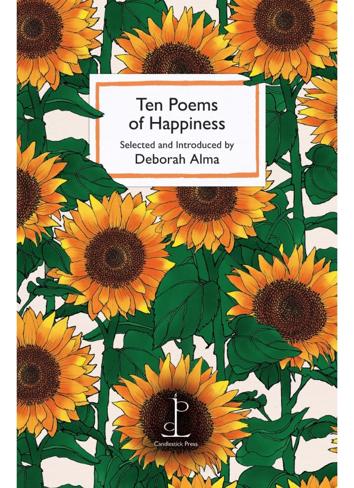 Book cover with sunflower design and text 'Ten Poems of Happiness' by Deborah Alma