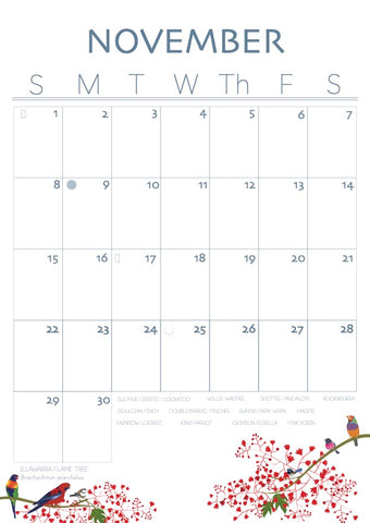 November calendar with birds and flowers on a white background