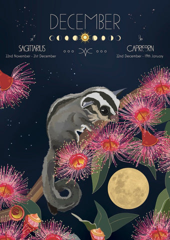 Illustration of a sugar glider among flowers with astrological elements on a dark background