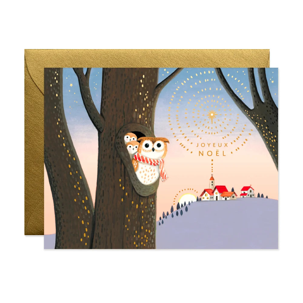 Card with a family of owls and a little village