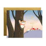 Card with a family of owls and a little village