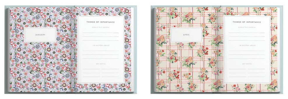 Two floral patterned planners side by side on a white background