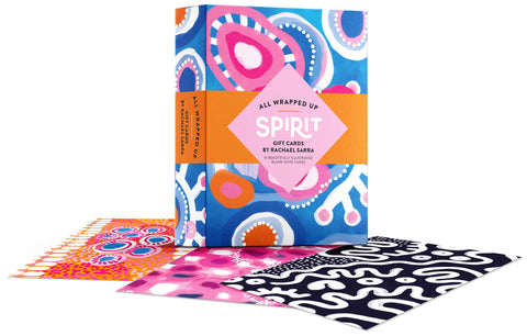 Colorful gift wrap with 'All Wrapped Up Spirit' packaging on a white background