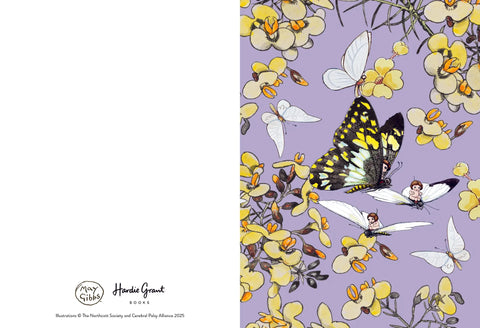 Floral design with butterflies on a purple background, featuring Hardy Grant branding.