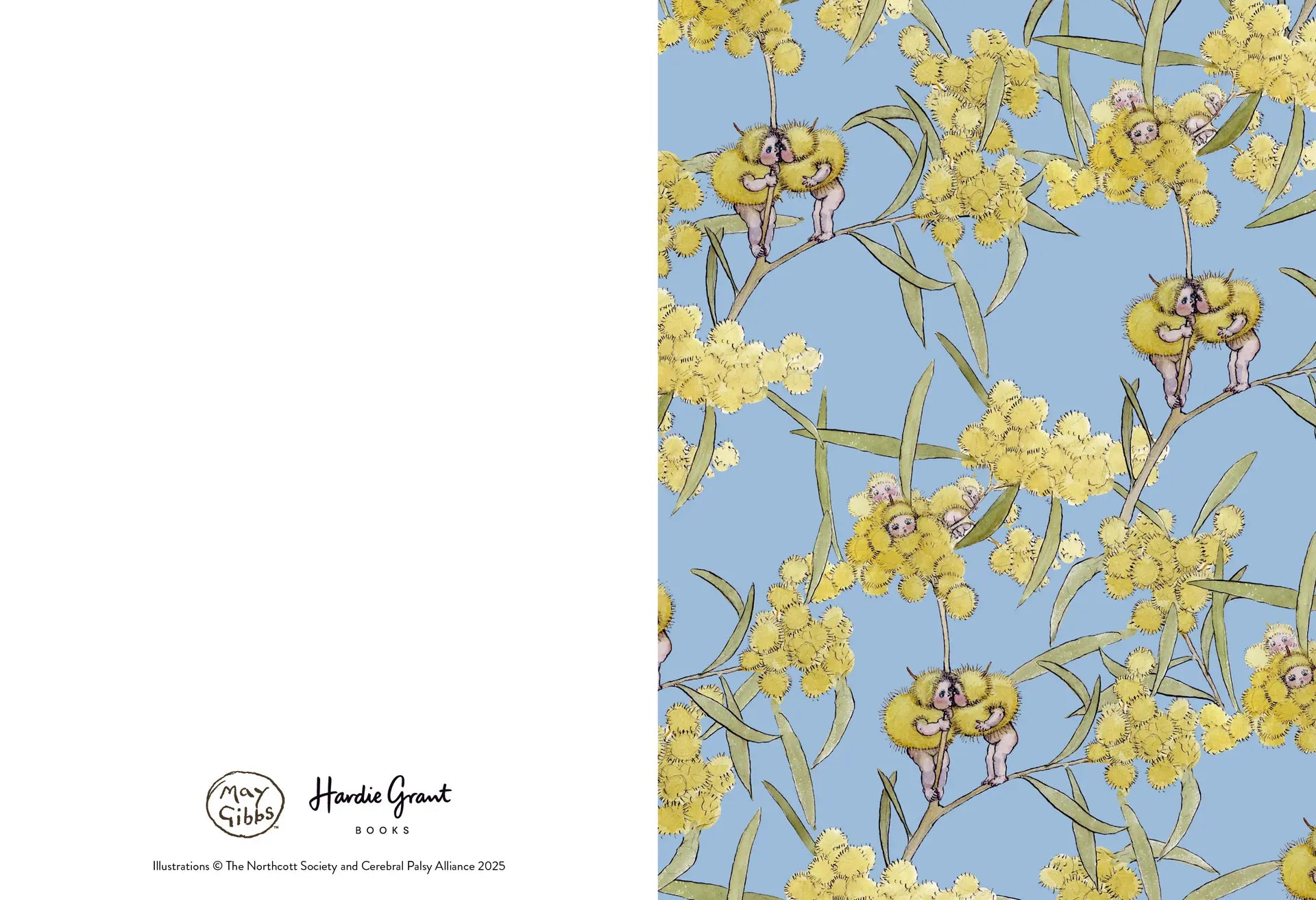 Patterned paper with yellow flowers and small figures on a blue background, featuring Hardy Grant branding.