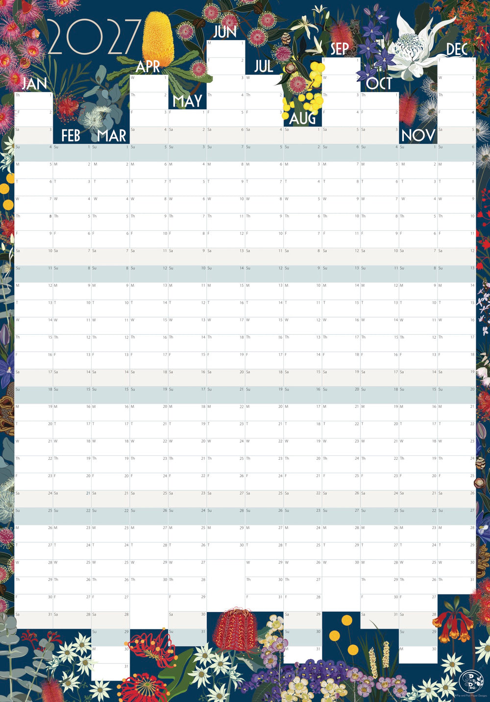 A 2027 monthly calendar with a floral border design. The calendar features a white grid layout with days of the week labeled from JAN to DEC under headers for each month.