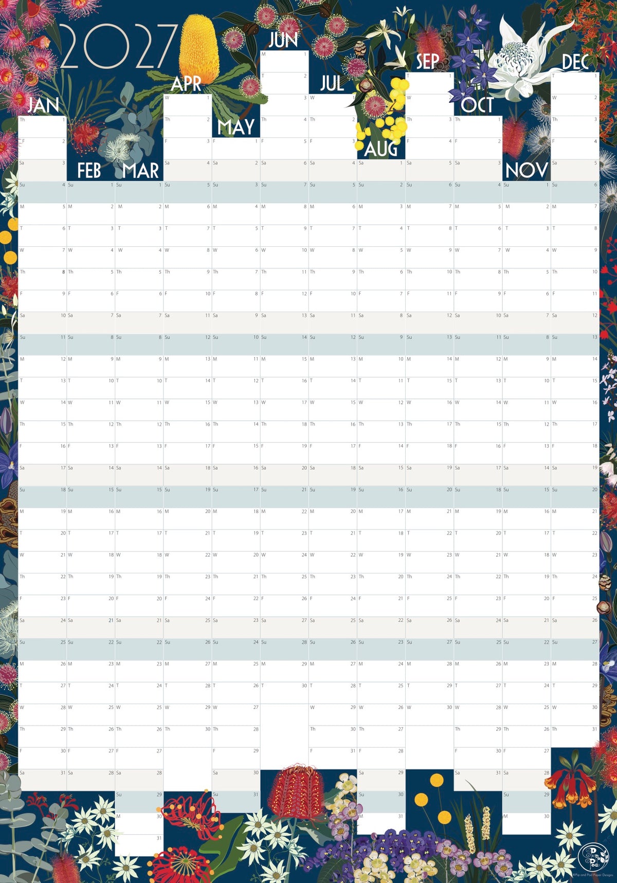 A 2027 monthly calendar with a floral border design. The calendar features a white grid layout with days of the week labeled from JAN to DEC under headers for each month.