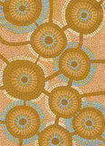 Patterned fabric with circular designs in brown and blue on a brown background