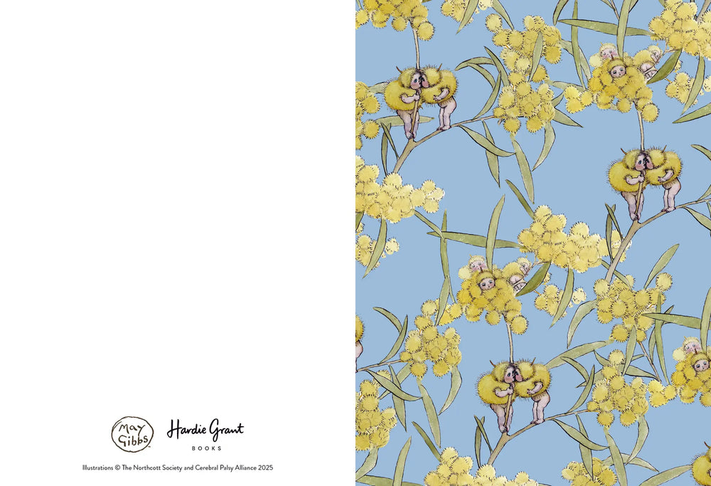 Patterned paper with yellow flowers and small figures on a blue background, featuring Hardy Grant branding.
